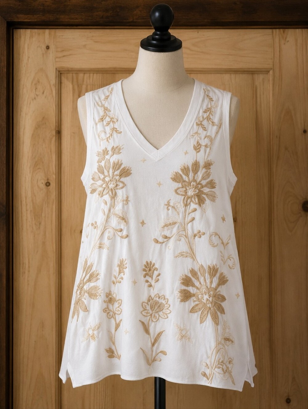 Johnny Was White V-Neck Tank with Tan Floral Embroidery
